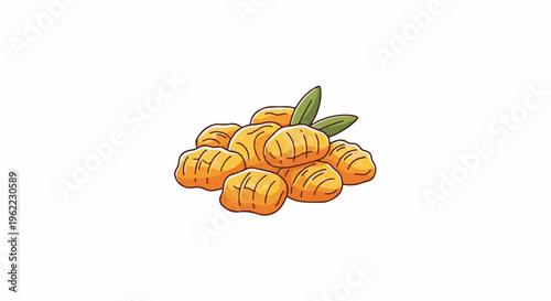 A pile of golden-brown dumplings, each with distinct ridges, topped with two green leaves