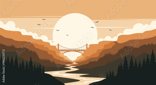 Serene Sunset Over Winding River and Distant Bridge.