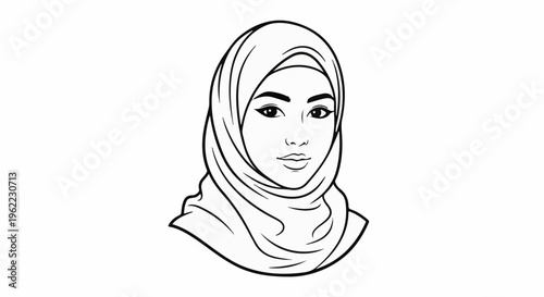 A simple black and white line drawing of a woman wearing a hijab