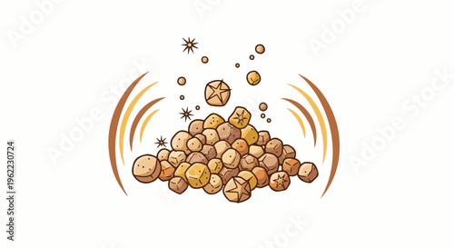 A pile of star-shaped and round objects with a sparkling, energetic effect