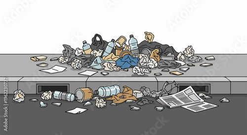 A pile of trash, including plastic bottles, bags, and paper, litters a street gutter