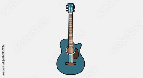 A simple blue acoustic guitar with brown accents and a white background