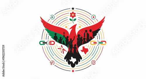 A red and black phoenix with a diverse crowd of silhouettes inside its wings