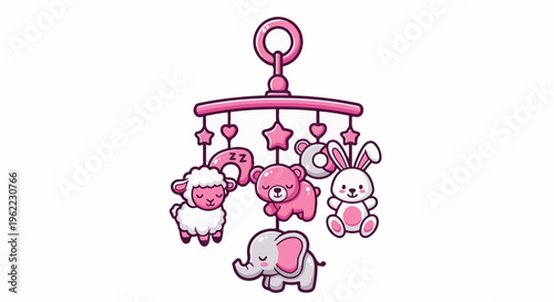 A pink baby mobile featuring a sleeping sheep, teddy bear, bunny, and elephant