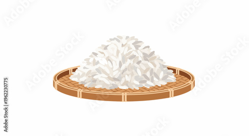 A pile of white rice grains on a woven bamboo tray