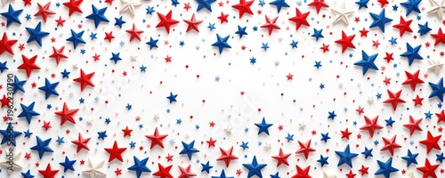 Red blue and white stars scatter across white background. Festive patriotic pattern for holiday celebrations like Independence Day. Americana theme graphic.