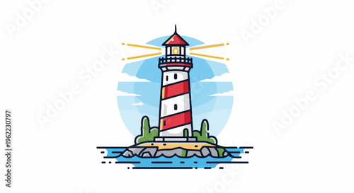 A red and white striped lighthouse stands on a rocky island surrounded by blue water