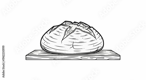 A rustic, crusty loaf of bread with deep scoring sits on a wooden board