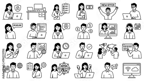 People working at home and office line icon set, remote work symbols.