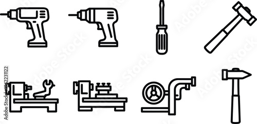 line drawing of various tools for construction and industry