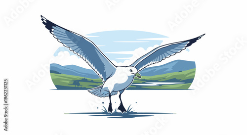 A pixel art seagull soars over a tranquil landscape with rolling hills