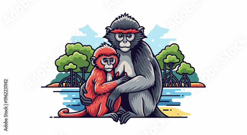 A mother monkey and her baby sit together amidst trees and water