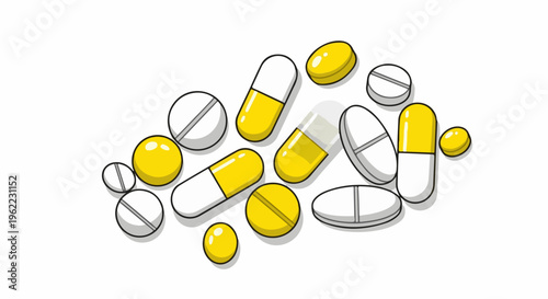 A scattered assortment of yellow and white medical capsules and pills