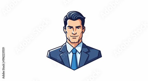 A pixelated cartoon bust of a man in a blue suit with a blue tie