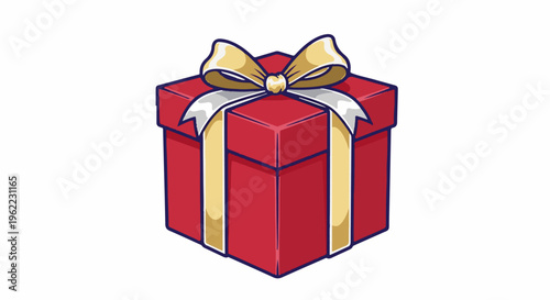A red gift box with a golden bow and white ribbon accent
