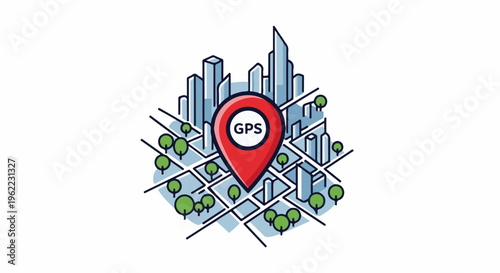 A red GPS marker is placed over a stylized cityscape with roads and trees