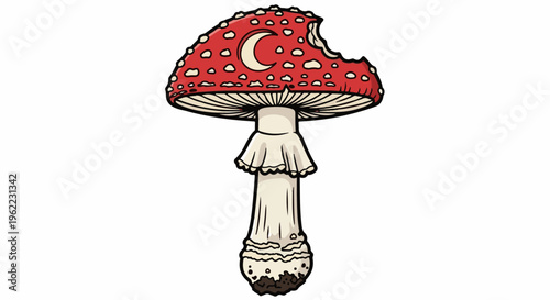 A red and white spotted mushroom with a crescent moon symbol and a bite mark