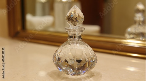 A delicate crystal perfume bottle with an ornate stopper, showcasing luxury and elegance on a reflective surface