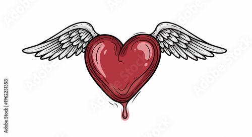A red heart with white wings, dripping slightly at the bottom