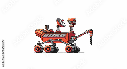 A red mechanical rover with solar panels and a drill arm
