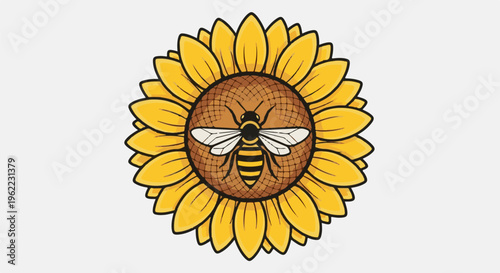 A stylized bee rests on a bright yellow sunflower against a white background