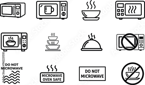 Microwave oven safe and not safe icons with food and signs