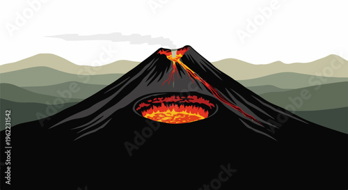 A pixelated volcano erupts with lava flowing down its slopes