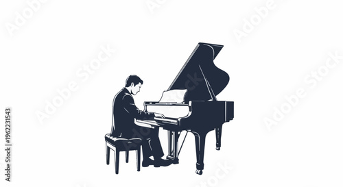 A man in a suit plays a grand piano on a stool