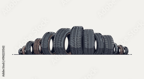 A line of diverse tires arranged in an arc, varying in size and tread