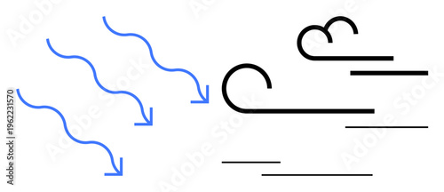 Weather patterns, environment, climate change, wind flow, meteorology, movement. Blue and black airflow icons with arrows. Weather patterns and wind flow concept