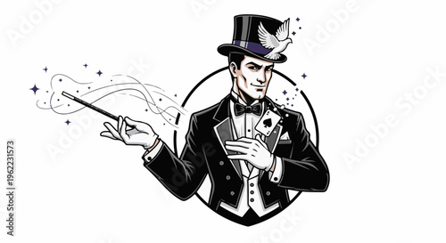 A magician in a tuxedo conjures a dove and card with a wand