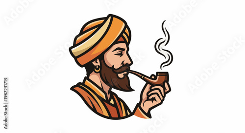 A man wearing an orange turban, smoking a pipe