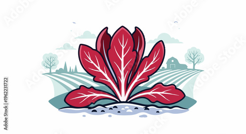 A single red plant grows in a stylized field with a barn