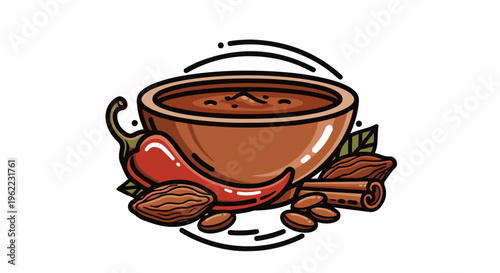 A rich, thick beverage in a brown bowl with chili, almonds, and cinnamon