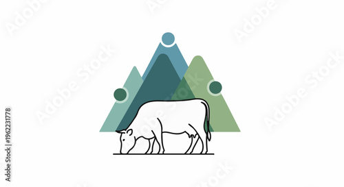 A line drawing of a cow grazing in front of abstract green and blue mountain shapes