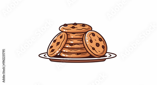 A pile of delicious chocolate chip cookies on a white plate, cartoon style
