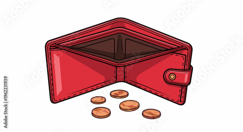 A red open wallet with a few coins scattered on a white background