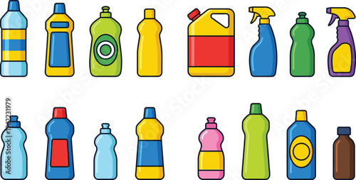Cleaning Product Bottle Icon Set with Detergent, Spray, Liquid Cleaner Containers, and Household Sanitation Supplies for Hygiene and Home Care Design