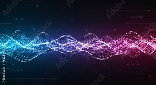 Vibrant neon wave patterns in blue and pink flow across a dark, futuristic digital background.