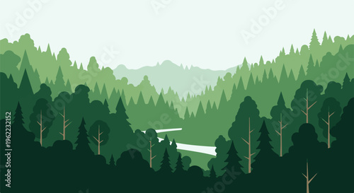 A layered forest scene with a river winding through the valley