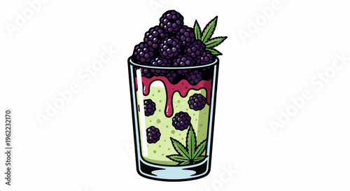 A layered drink in a glass with berries and leafy green accents