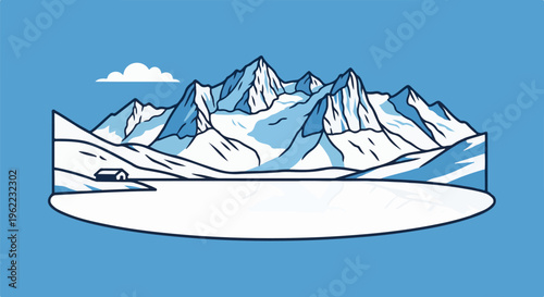 A minimalist illustration of snow-capped mountains, a frozen lake, and a small cabin