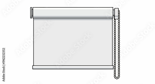 A minimalist, light gray roller shade with a beaded pull cord on the right side