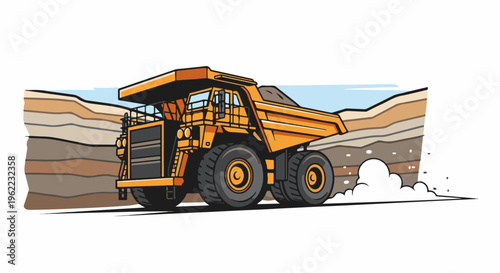 A large, yellow mining truck drives through a layered earth excavation