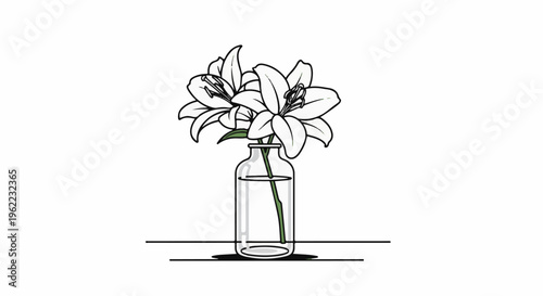 A minimalist illustration of two white lilies in a glass vase with water