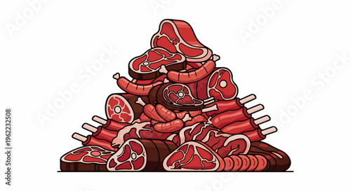 A large pile of various raw meats, including steaks, sausages, and ribs