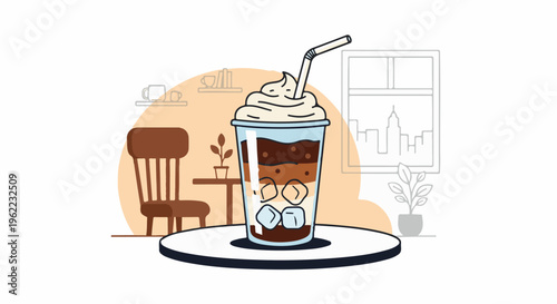A layered iced coffee drink with whipped cream and straw in a cafe setting