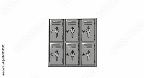 A row of six grey metal lockers, each with a key
