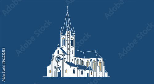 A minimalist, stylized illustration of a white church on a blue background