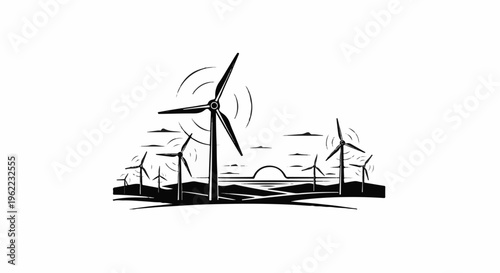 A row of wind turbines at sunset with a curved sun on the horizon